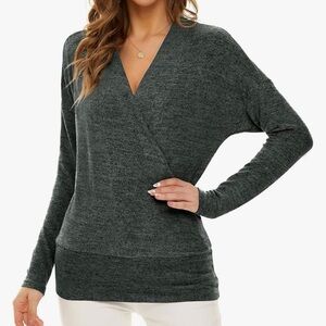Neineiwu Long Sleeve Wrap Surplice V Neck Nursing Top Sweater, Small, charcoal